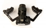 Figure 15 The “3:2 flash position” provides consistent results for seeing detail in surface texture and color. Flash heads are positioned 3 inches lateral and 2 inches posterior to the front of the lens. Achieving this position requires an adjustable flash bracket as shown.