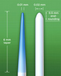 Figure 1. The dimensions of the novel extremely tapered bristle (left) are shown compared to the traditional end-rounded bristle. The gradual reduction in diameter of the extremely tapered bristle filament allows for increased flexibility and penetration into hard-to-reach areas.