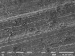 SEM micrographs of the fine-diamond (grit size 30 μm) adjustment surfaces of feldspathic, lithium disilicate, and zirconia (original magnification x500), respectively.