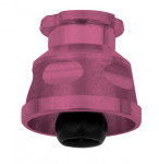 Illustration of the denture attachment housing that is threaded to accept both the processing ball (black) and PEEK retention balls that snap into the abutment.