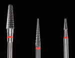 Figure 1  Acrylic cutting burs: round-end taper, fine-point taper, and small-point taper.